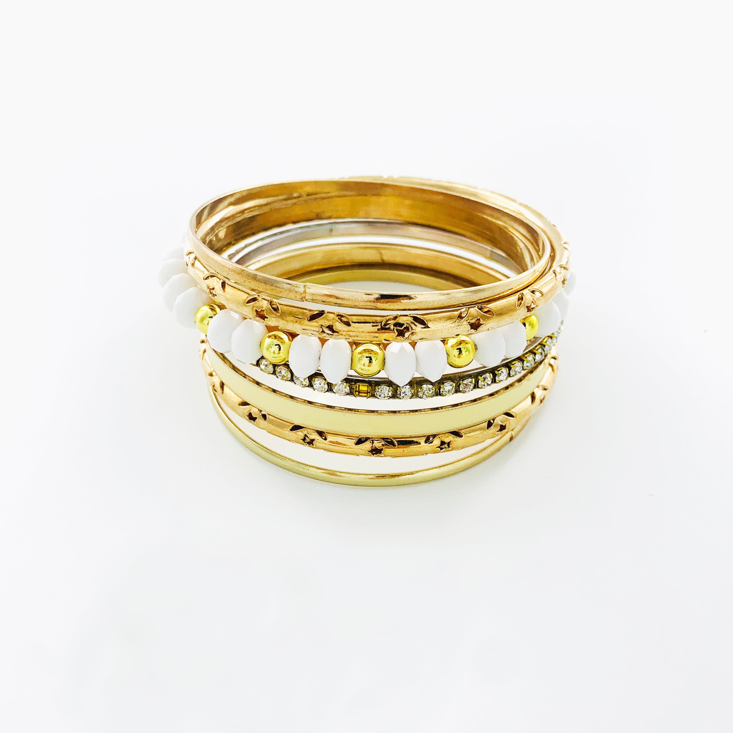 Gold Bangles with White beads and Diamante stones