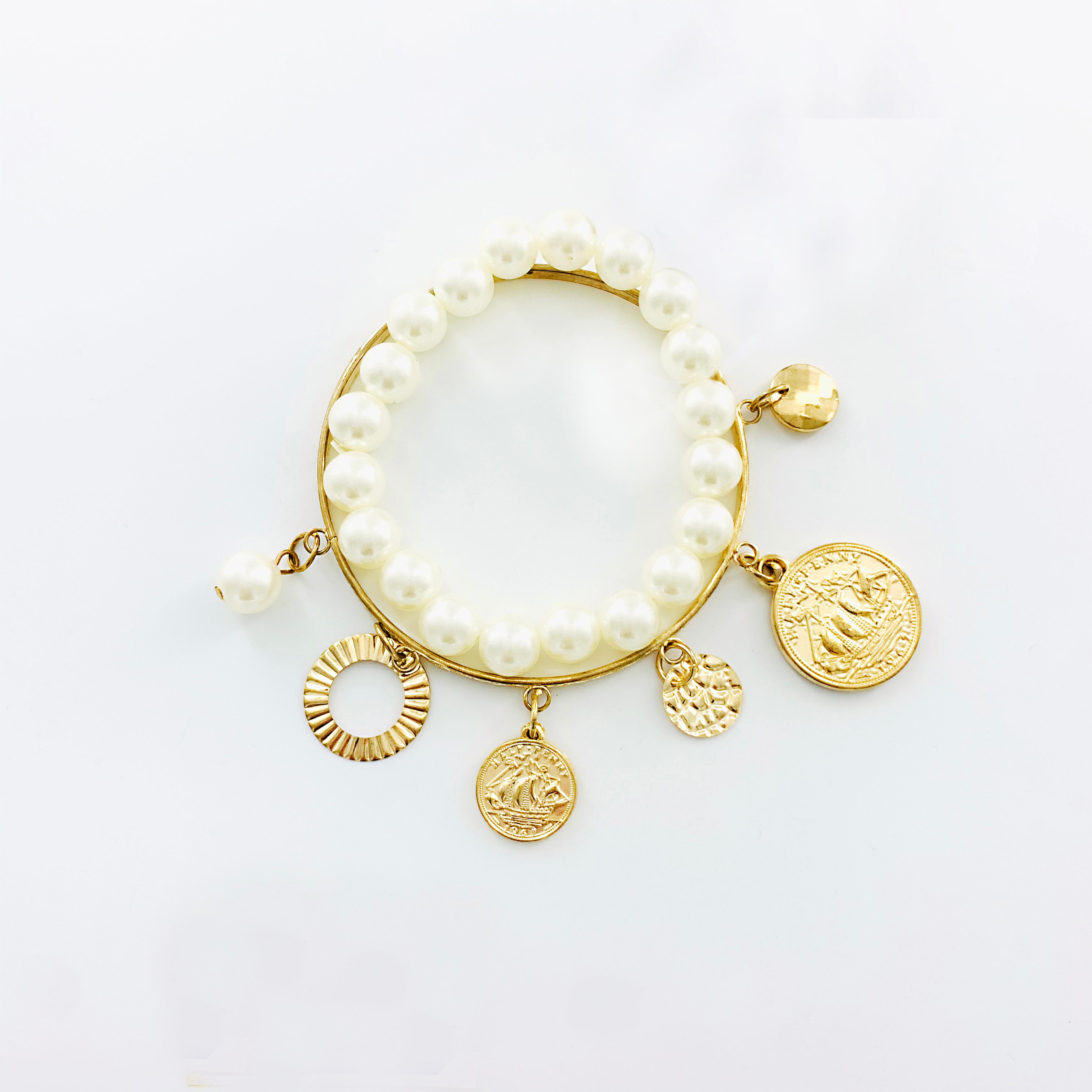 Pearl and gold bangle with gold coin charms - gold