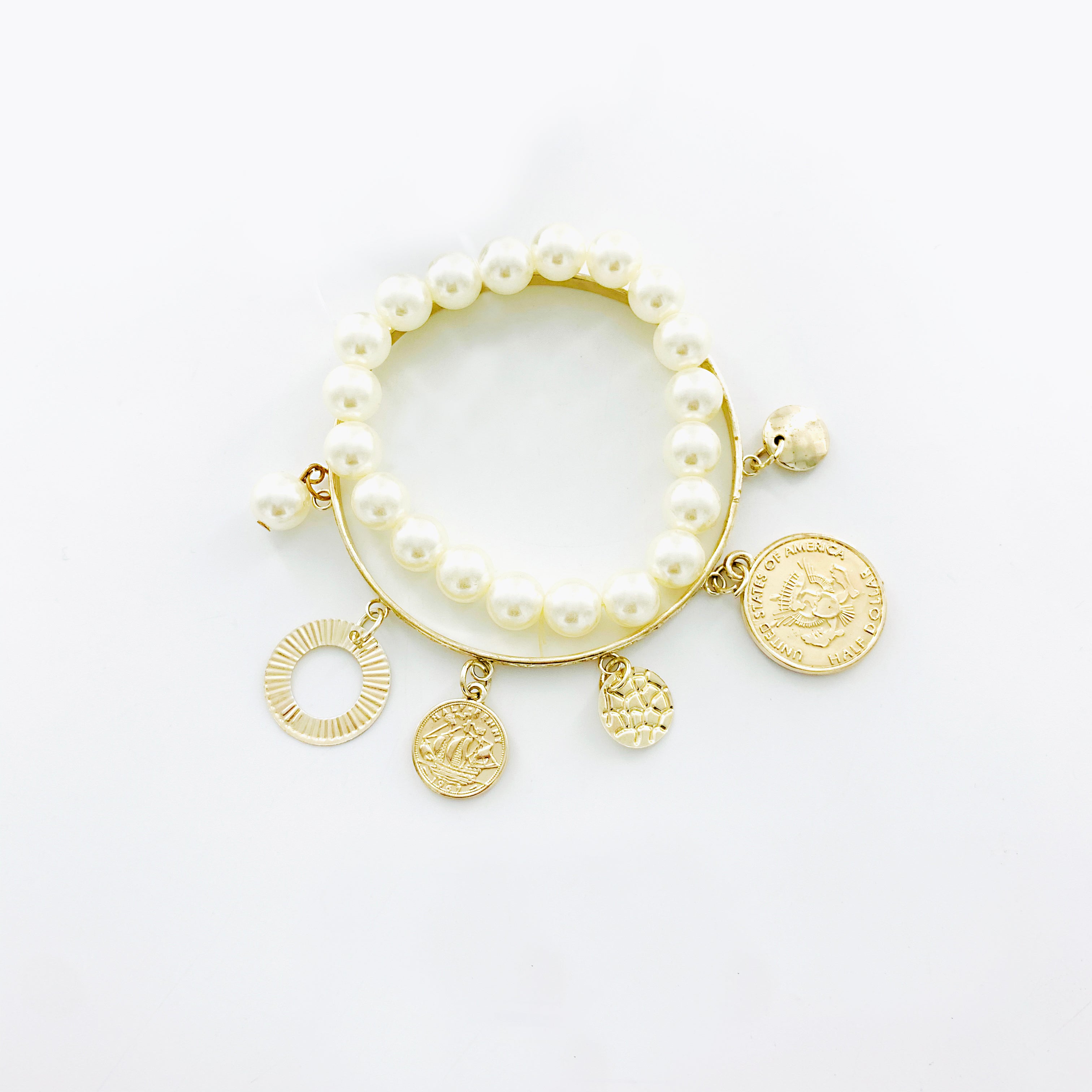 Pearl and gold bangle with gold coin charms - Light gold
