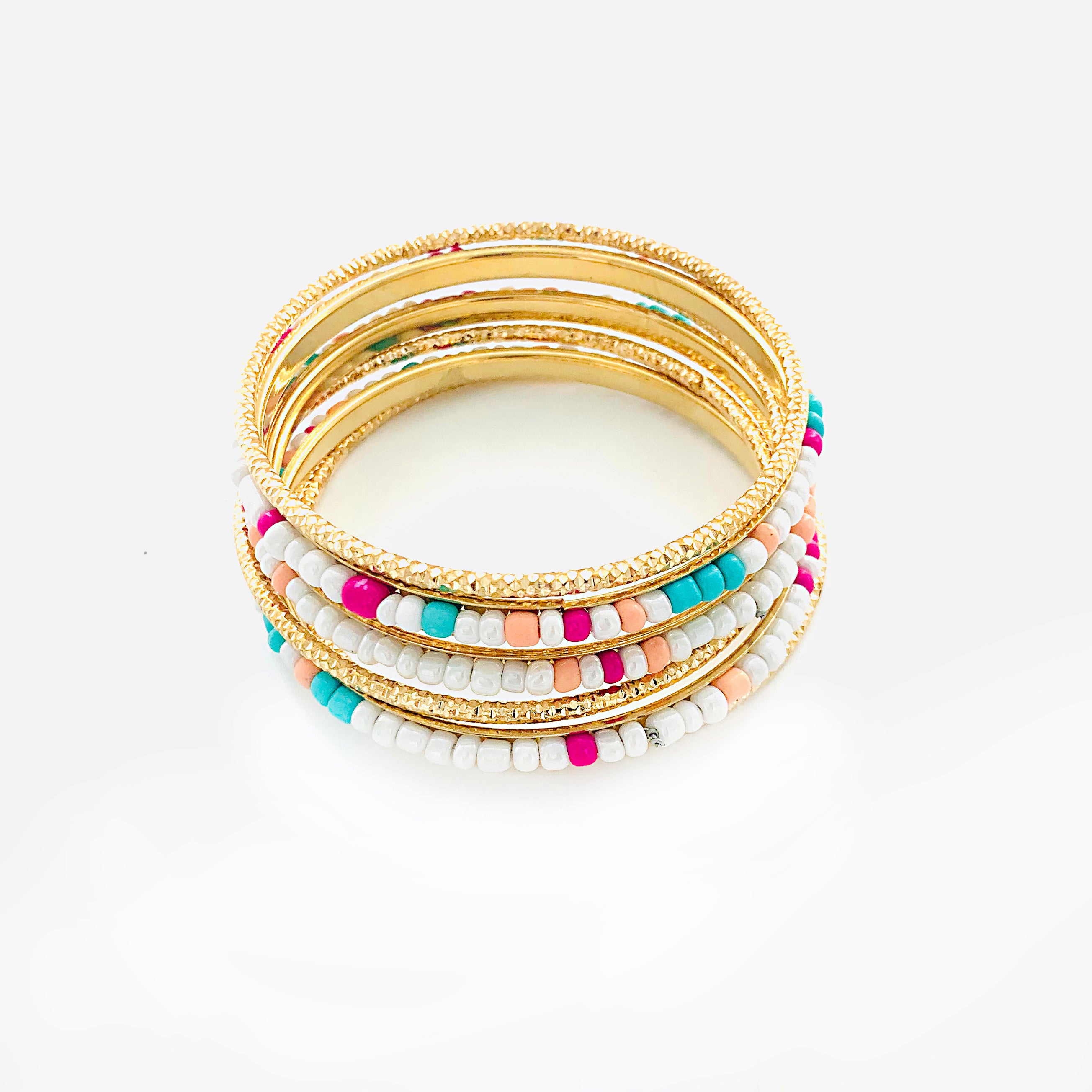 Gold Bangles of Pink, Turquoise, Coral and White Beads