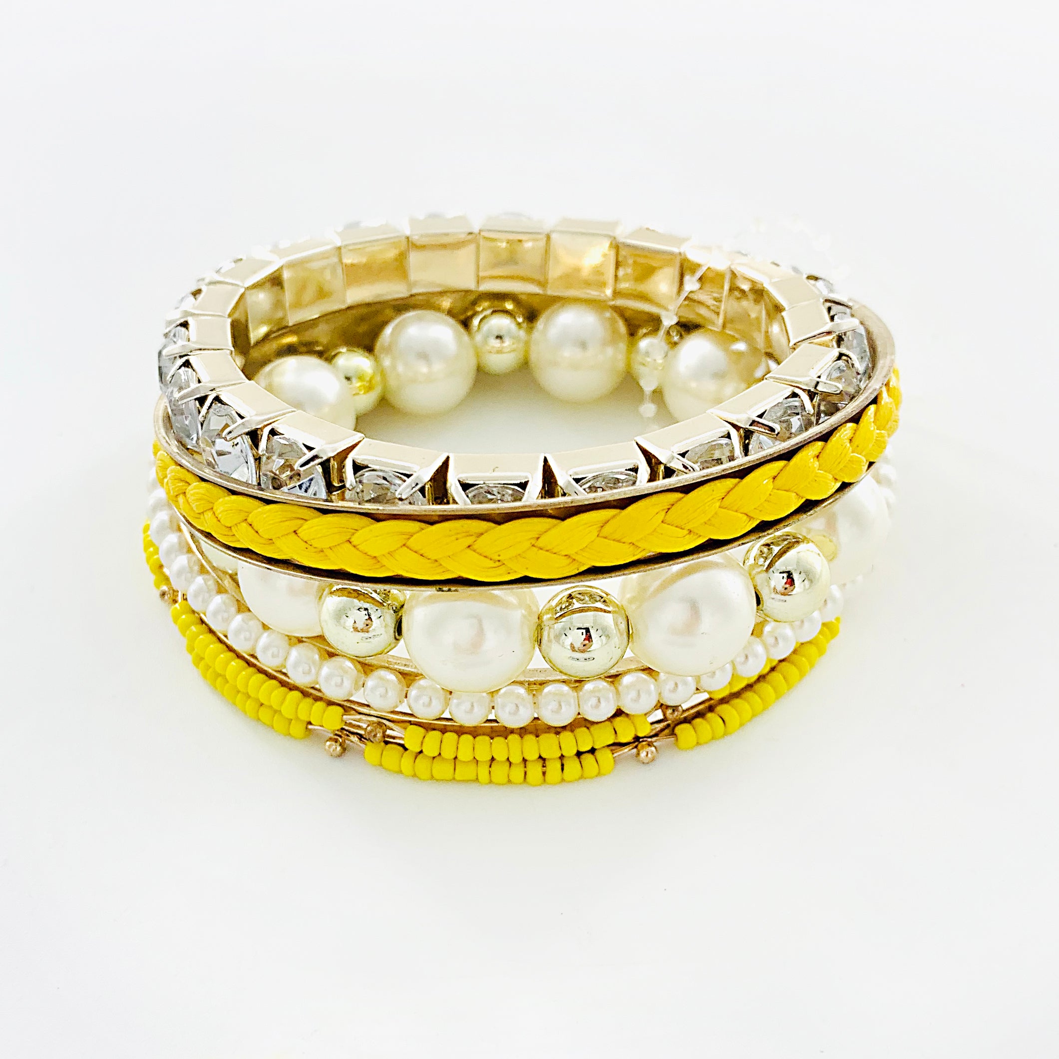 Gold Bangles with Yellow beads, Pearls and Diamante stones