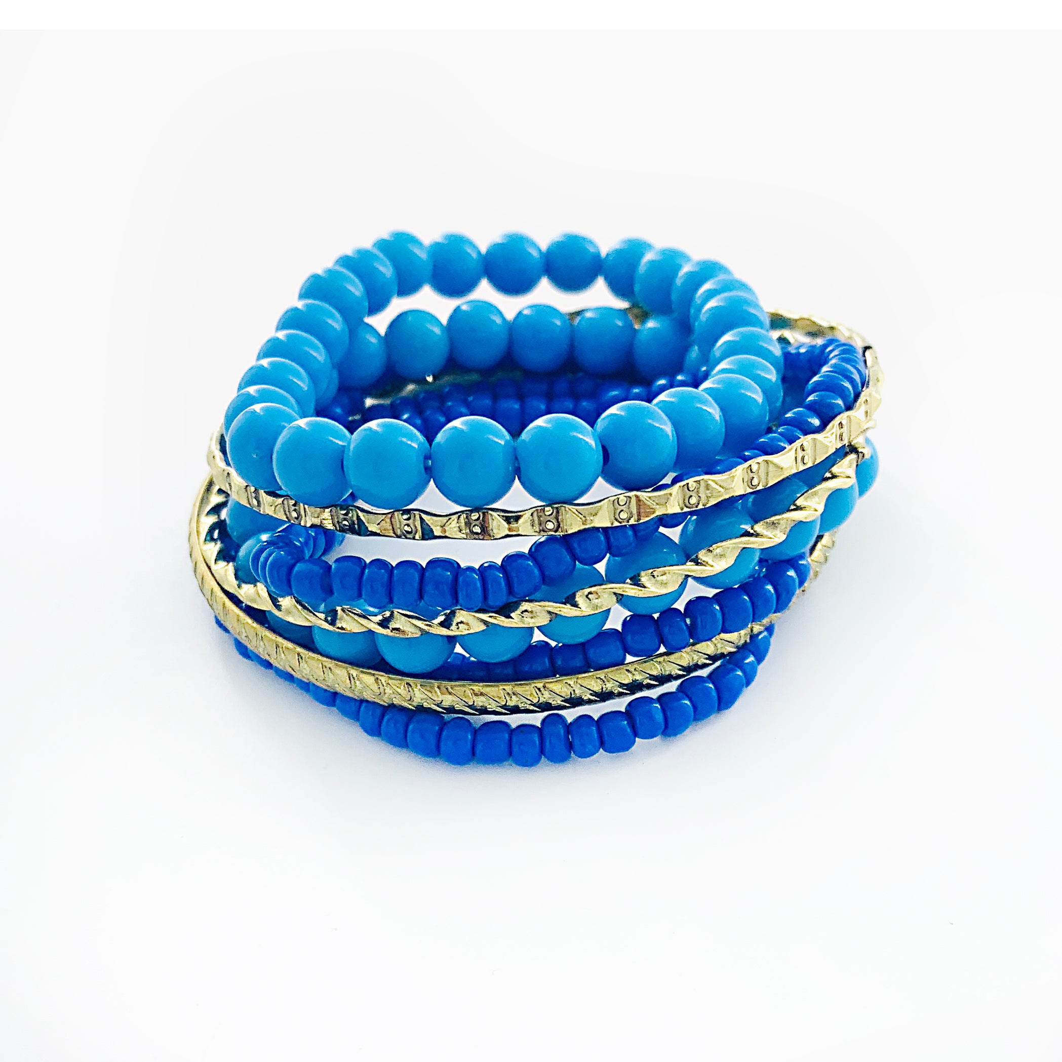 Blue beaded bracelets with gold bangles