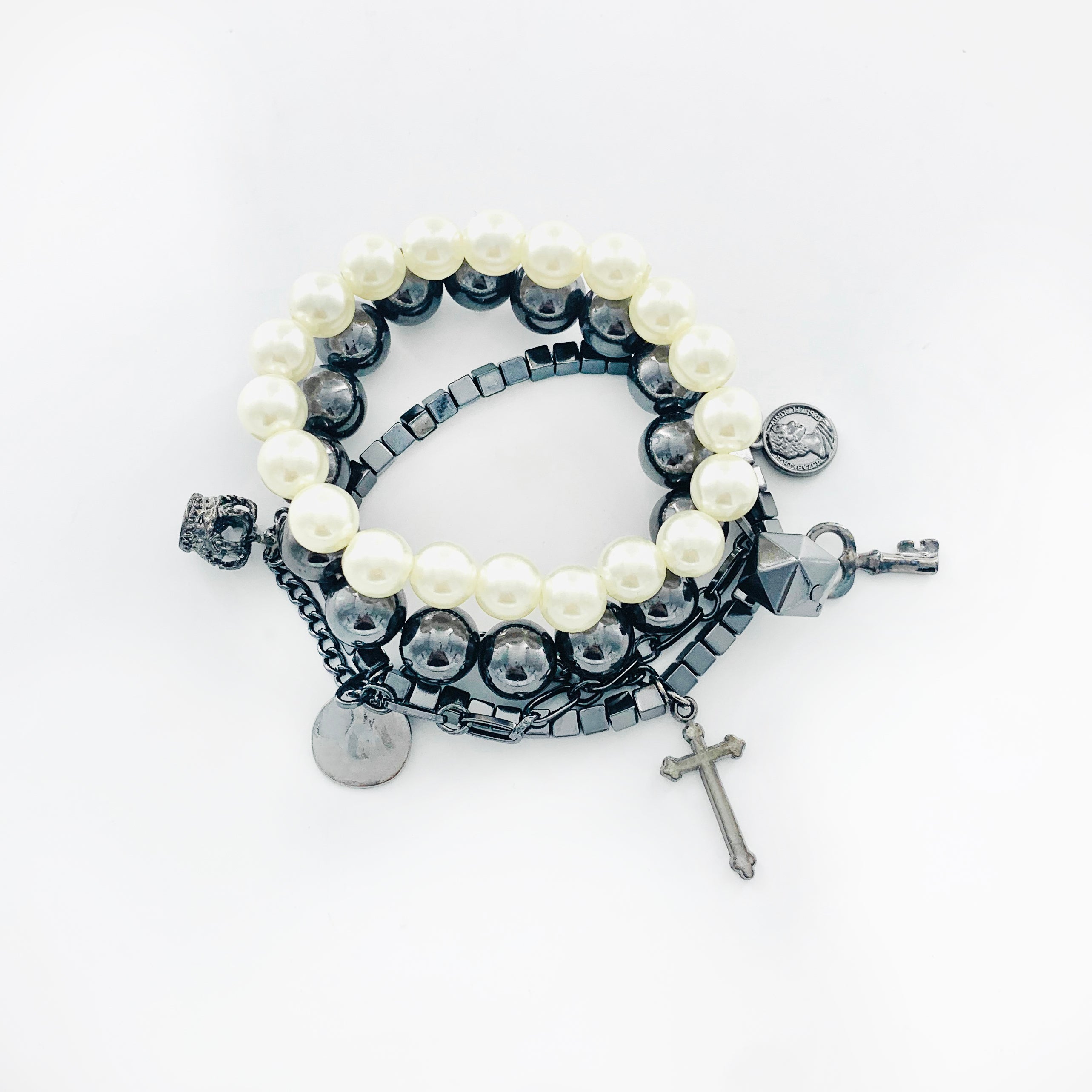 Gunmetal and Pearl bracelets with Cross and Crown charms