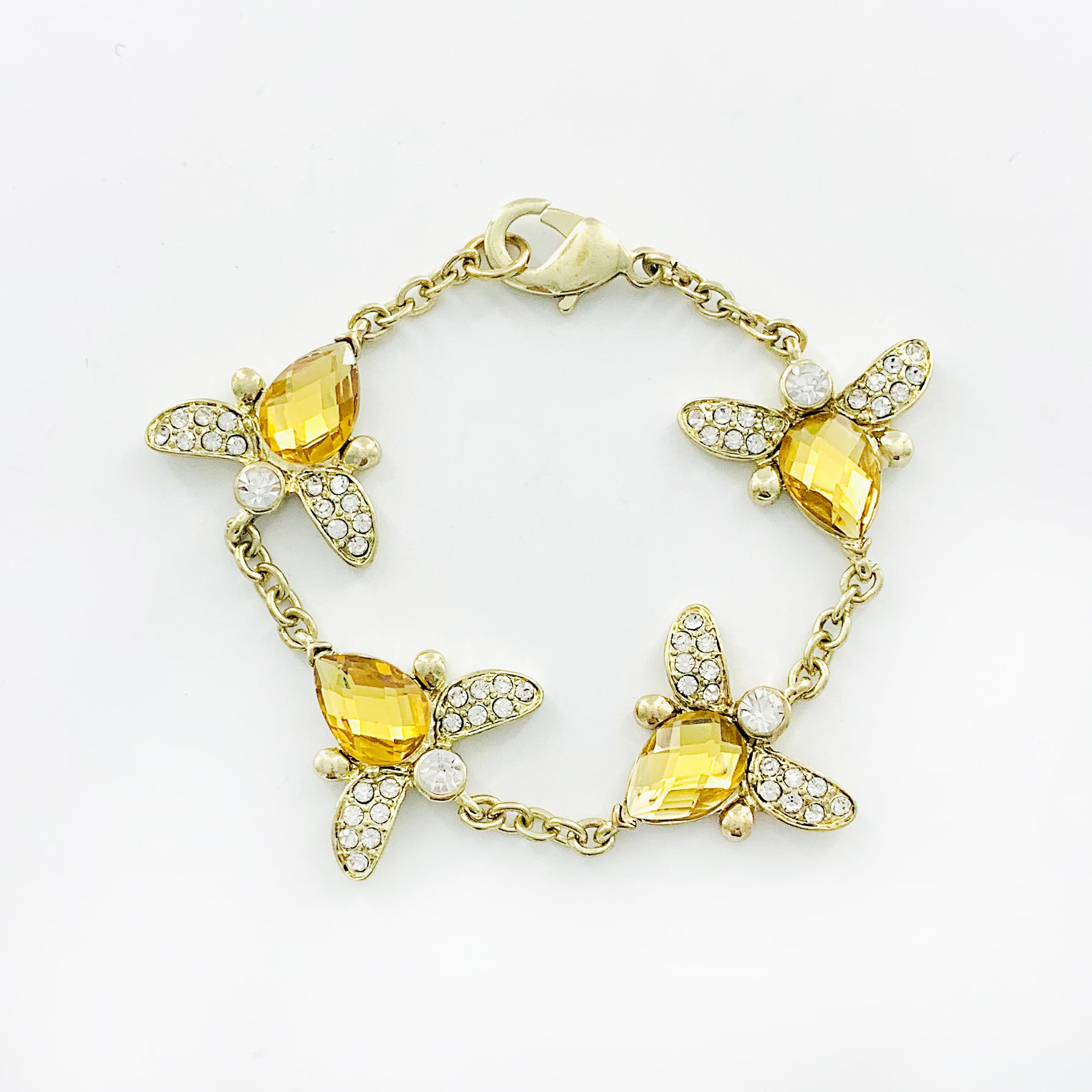 Yellow diamante crystal bees on thin gold chain