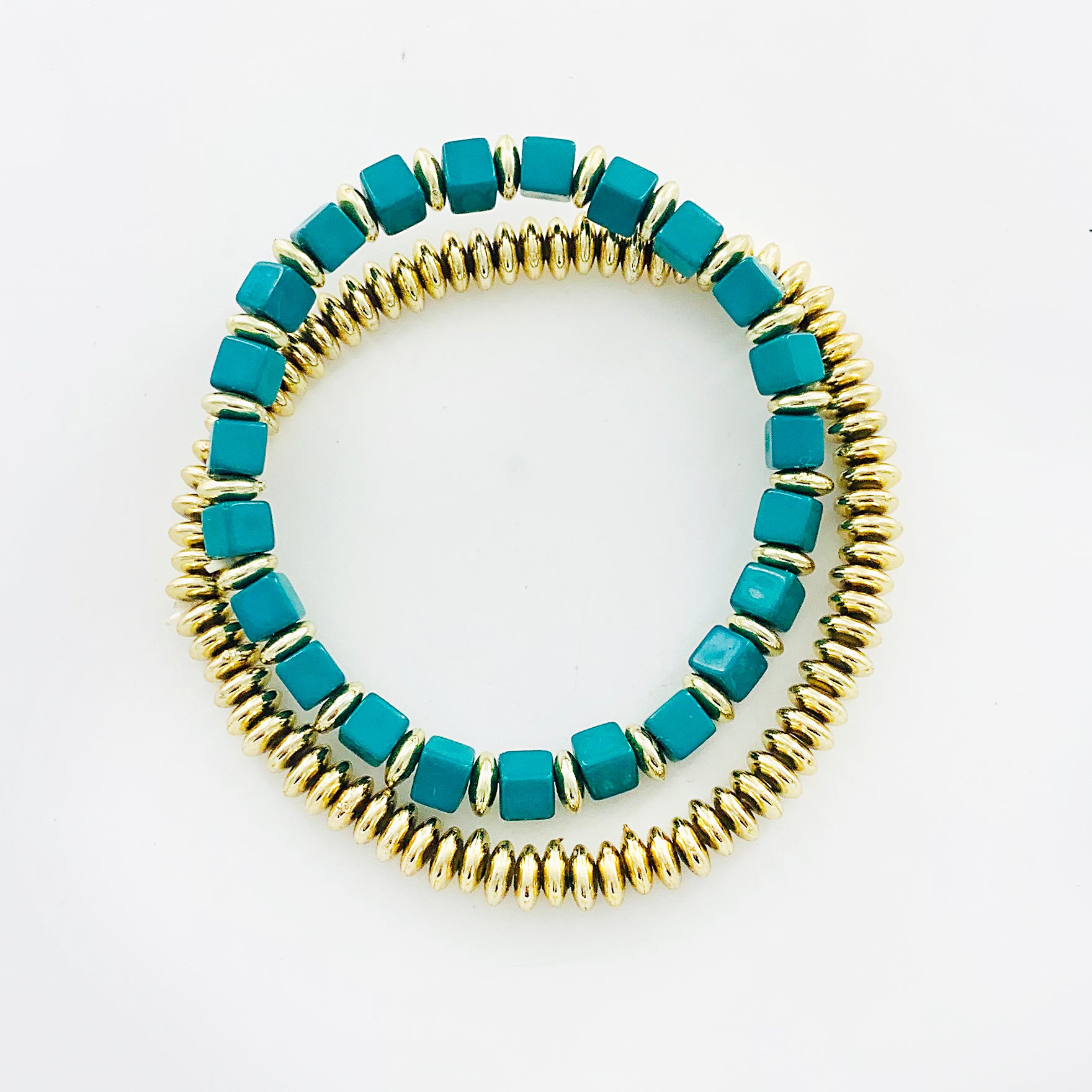Teal and gold beaded double bracelets