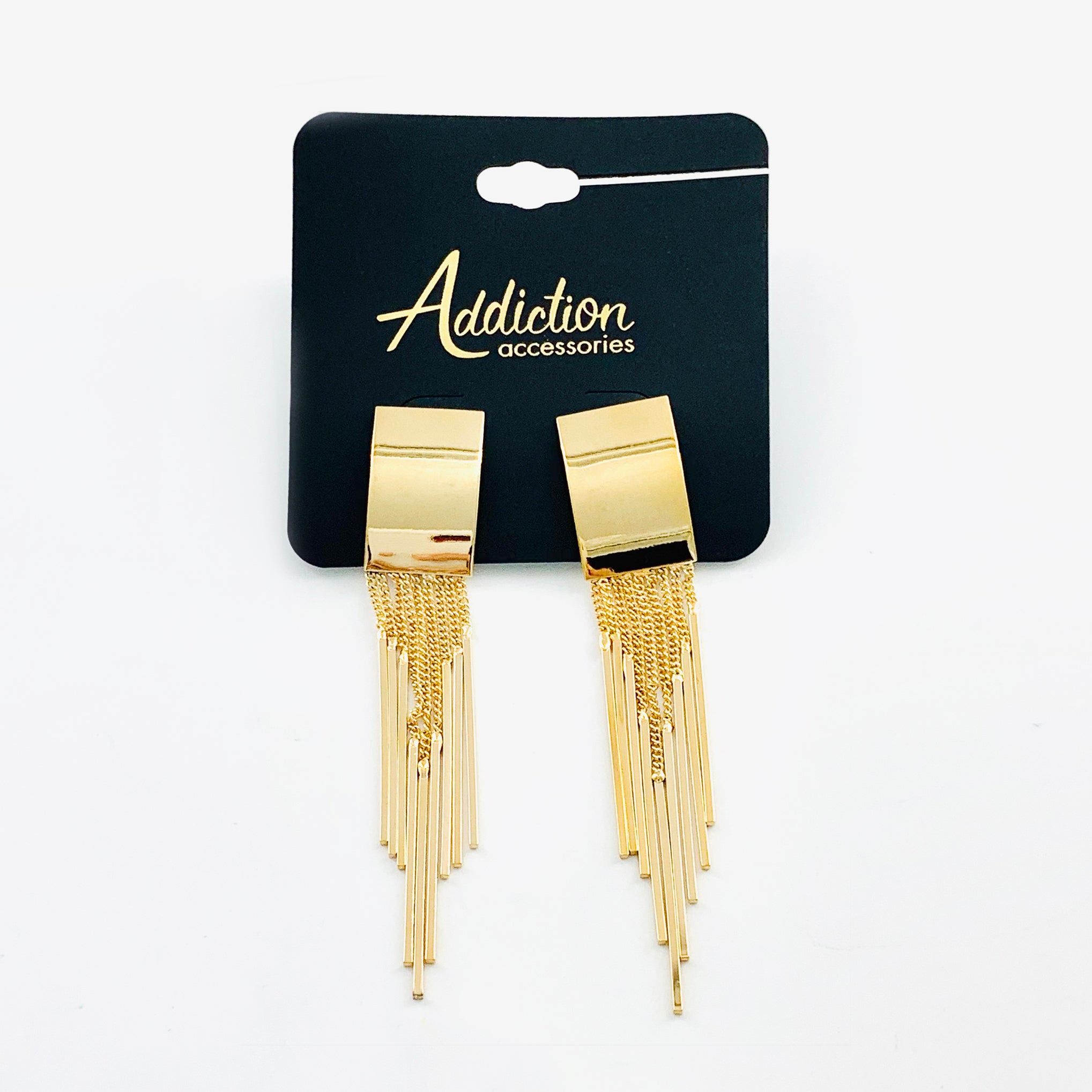 Gold earrings with dangling chains and bars