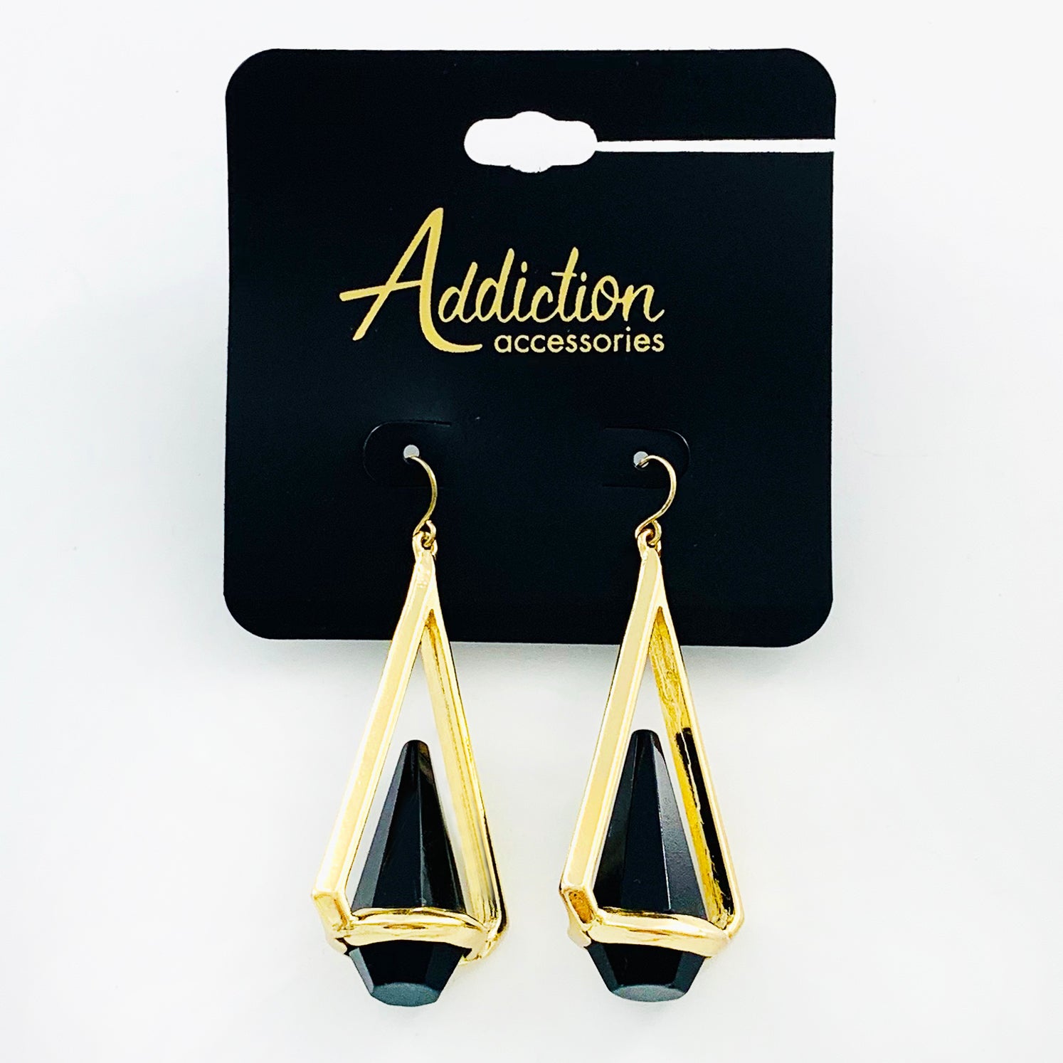 Gold dangling earrings with black facet stones