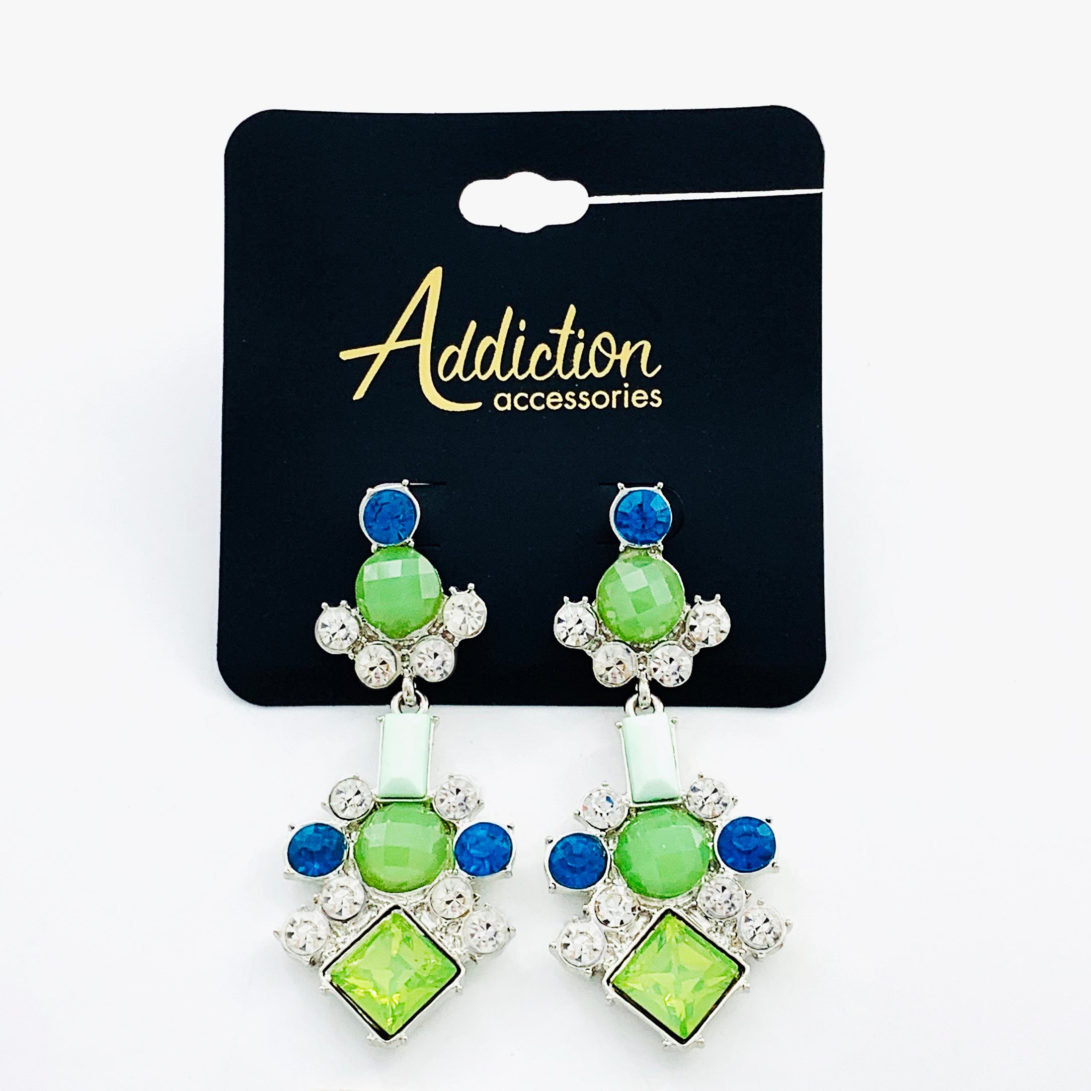 Earrings with green, blue stones and diamantes