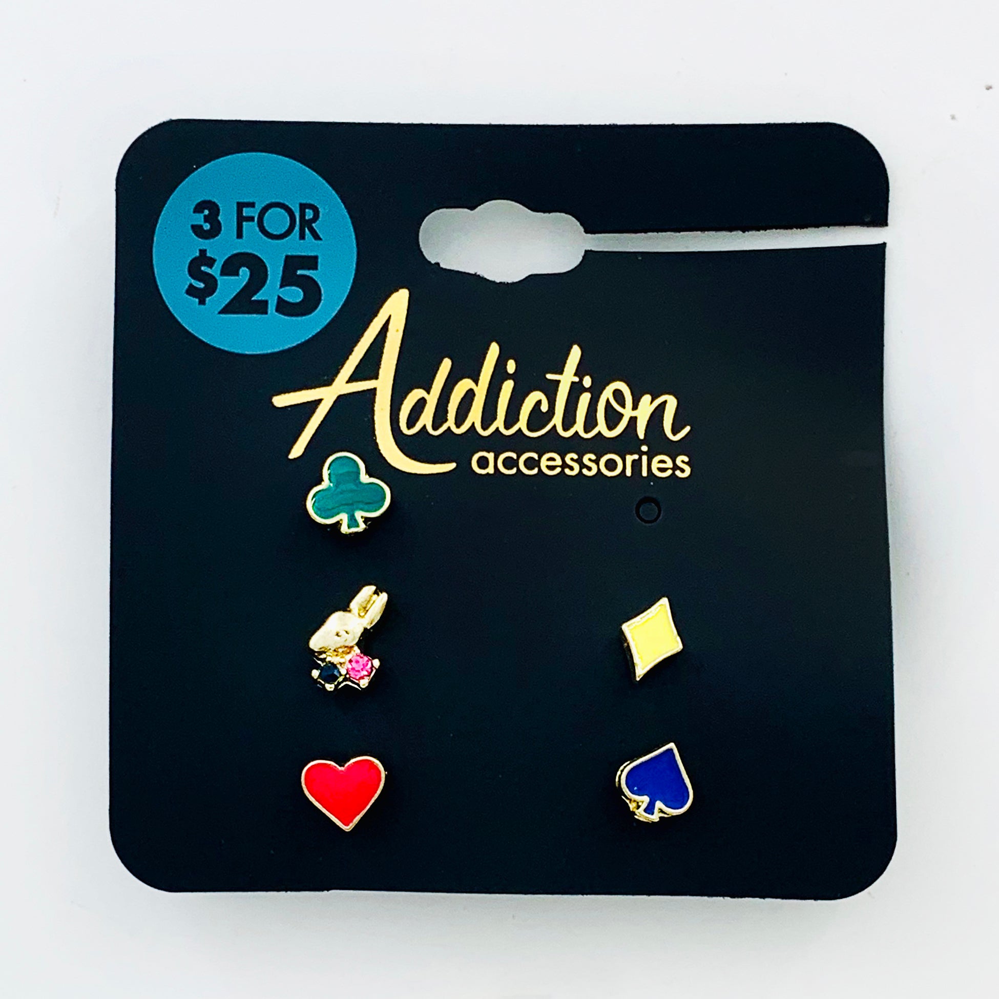 Rabbit, aces, spades bright-coloured stud earrings