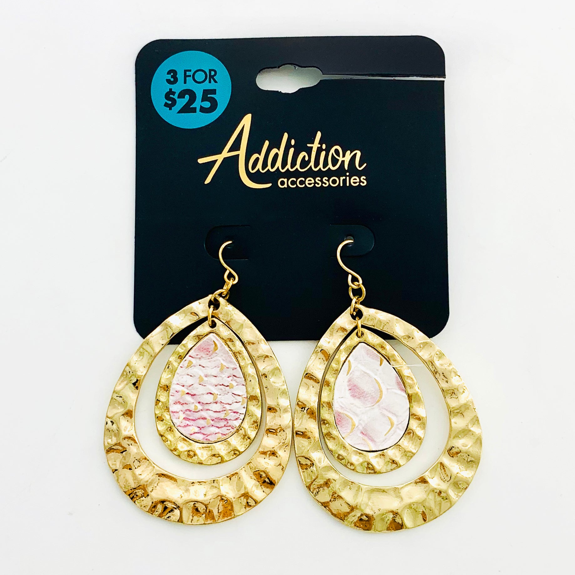Large gold dangling earrings with pink leather accents