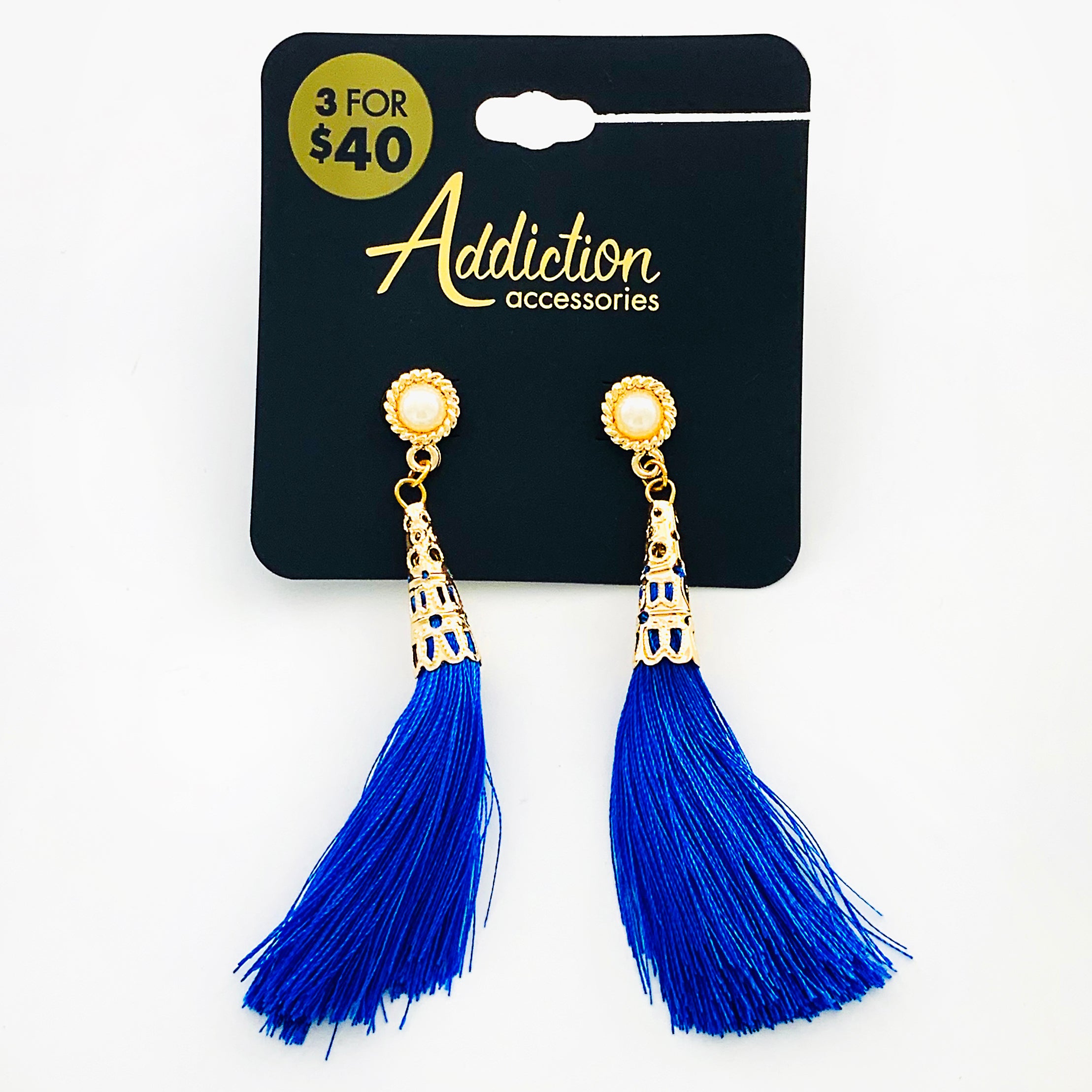 Gold earrings with royal blue tassels
