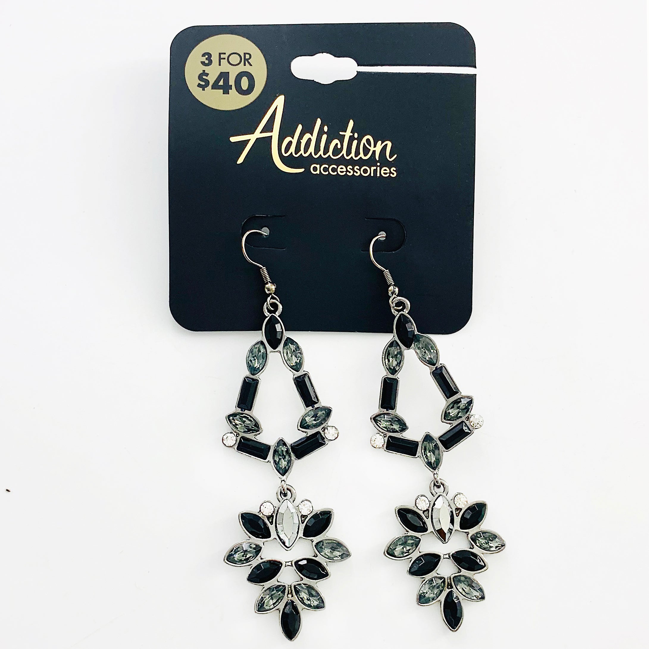 Dangling earrings with grey and black facet stones