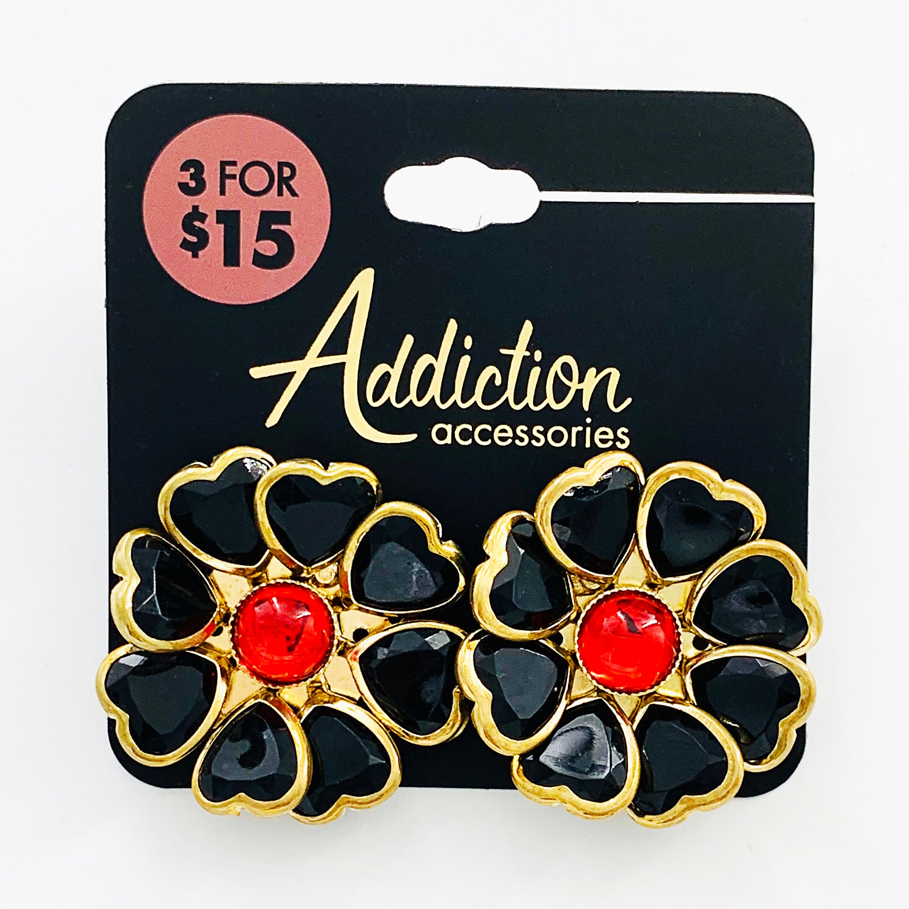 Flower earrings with black heart-shaped petals and red gem