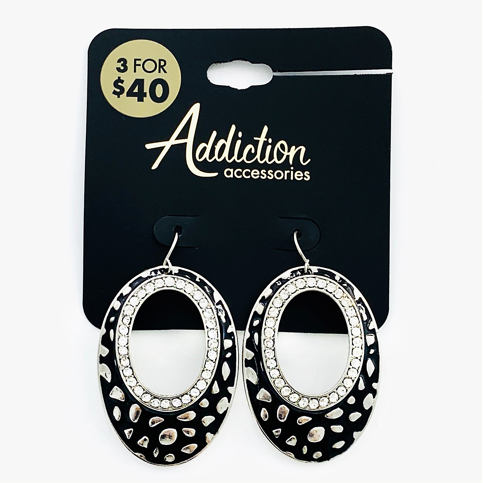 Black and silver oval earrings with diamante stones