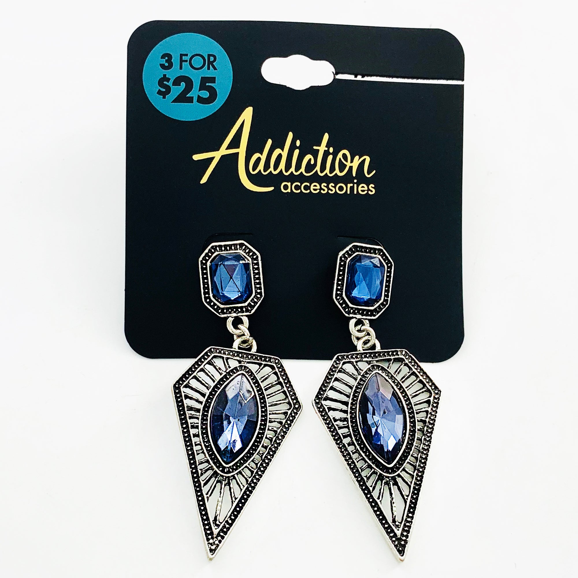 Art-deco inspired rustic silver earrings with blue gems