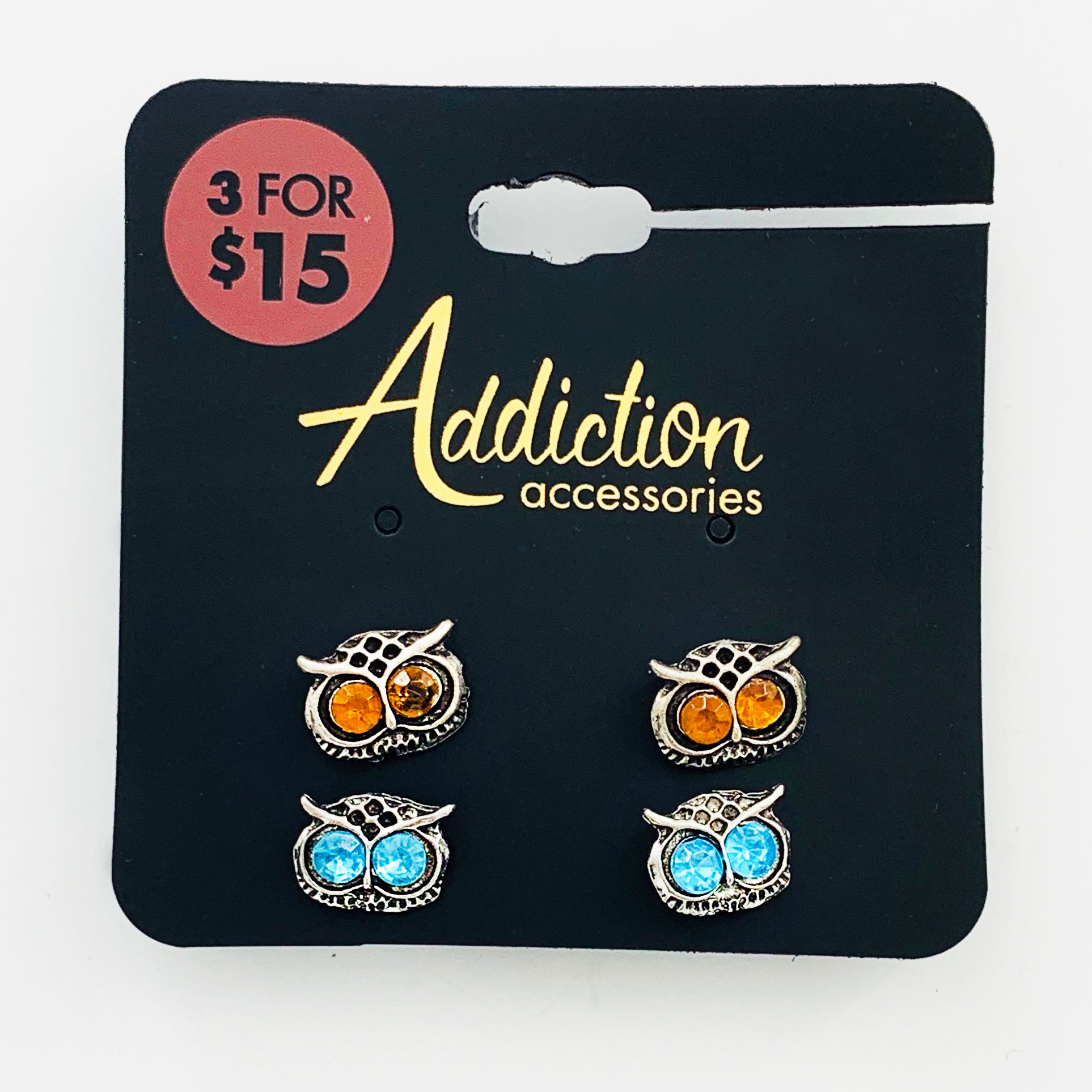 Owl earrings with blue and orange gems
