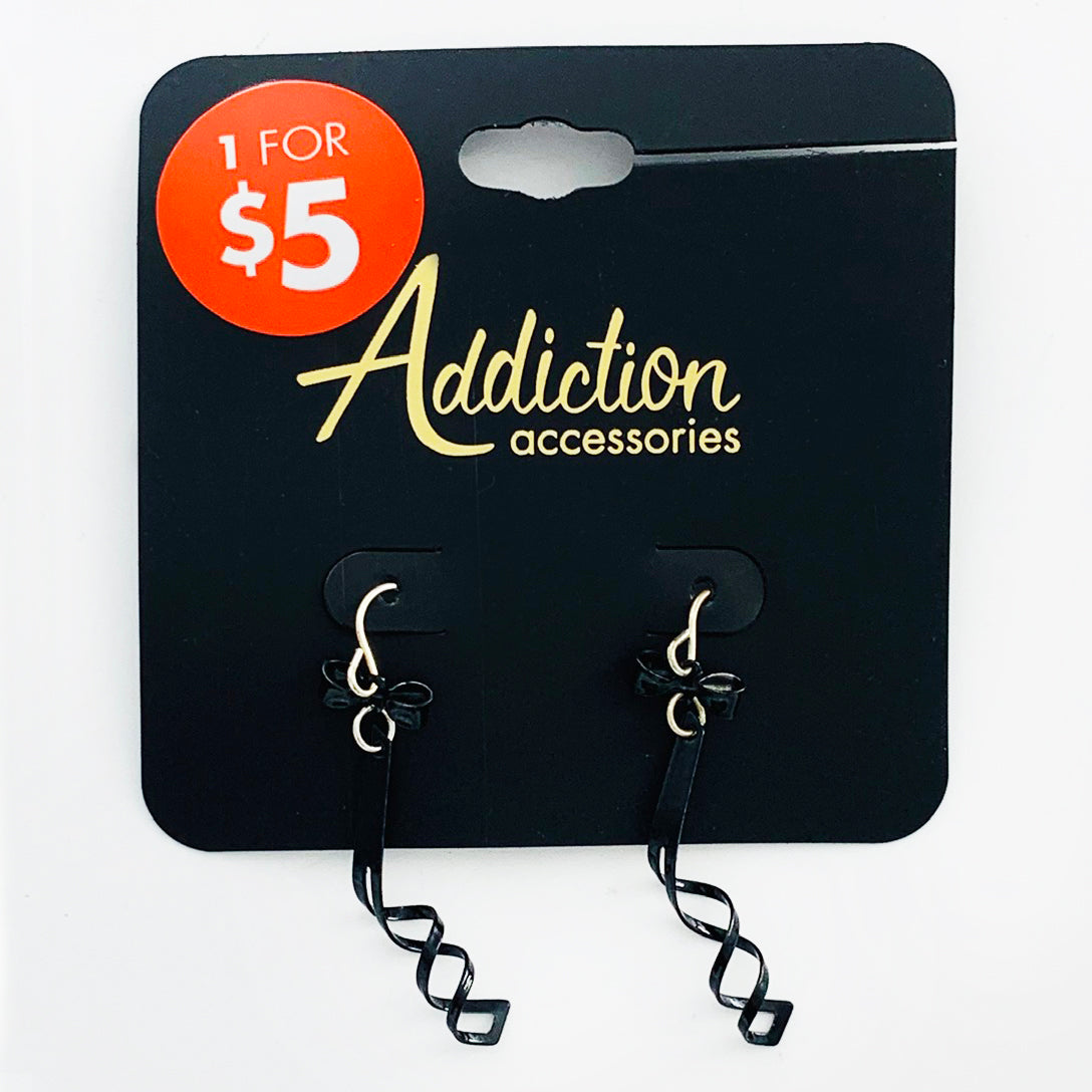 Curly black earrings with ribbon and diamante