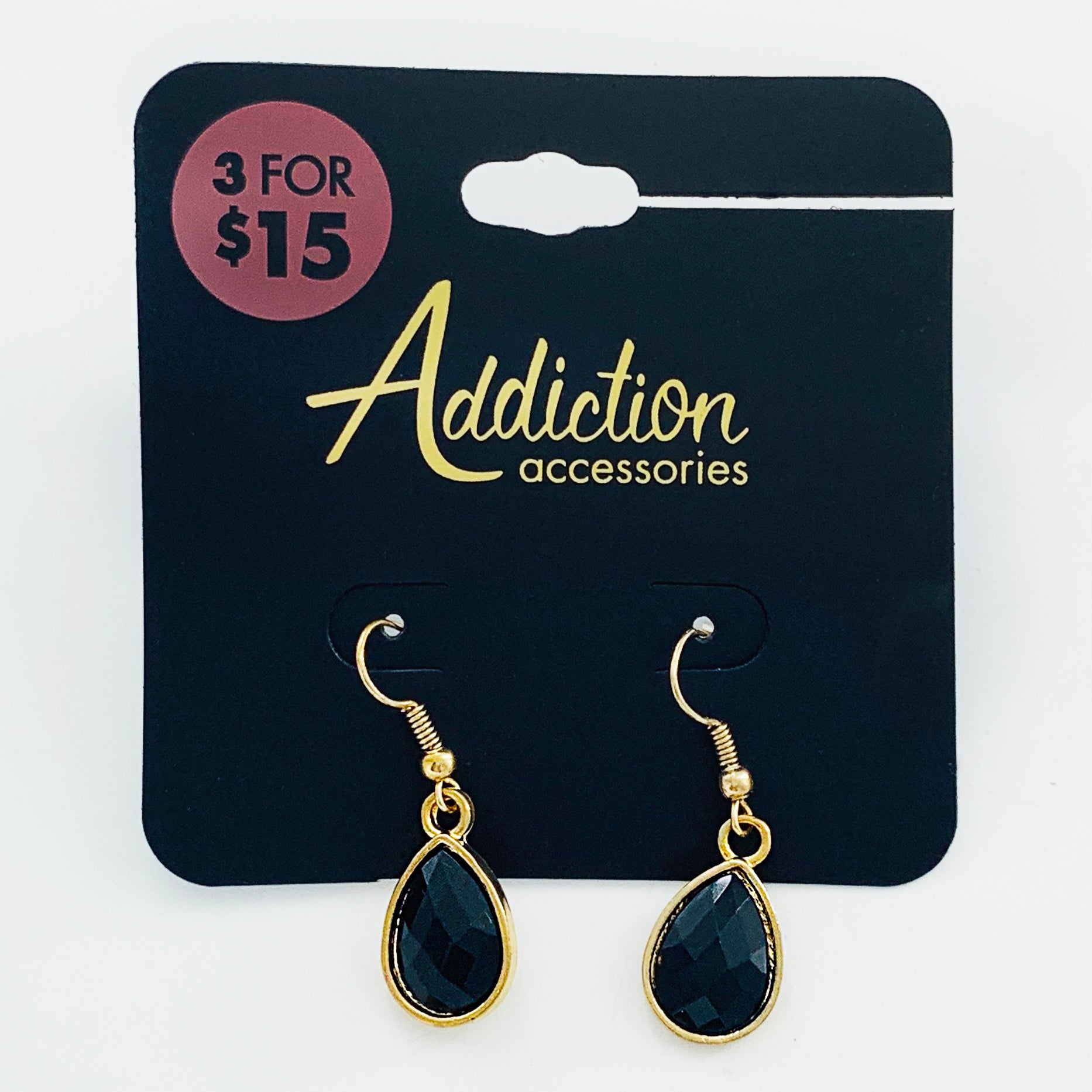 Gold teardrop earrings with black facet stones