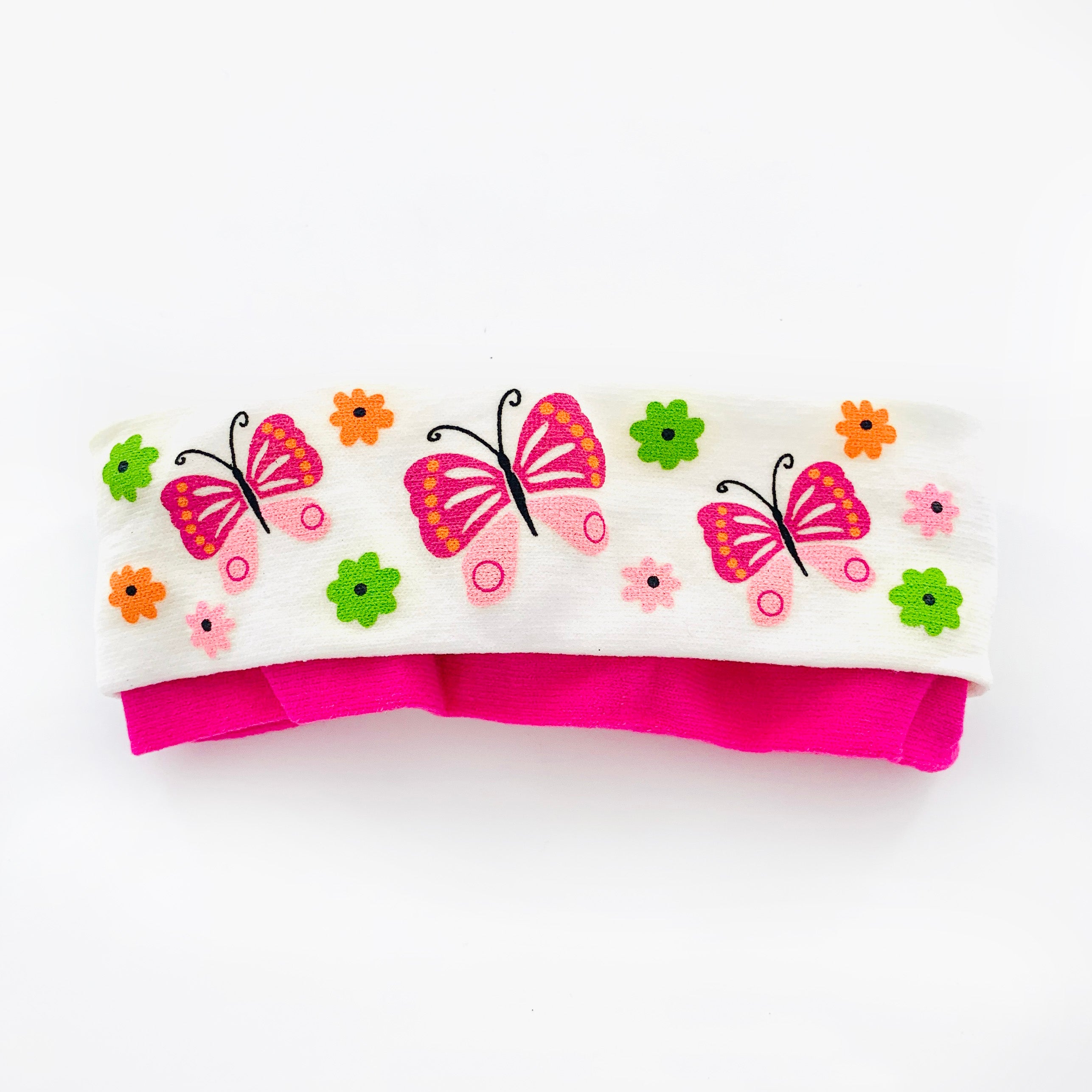 Butterfly-printed fabric head band in white and pink