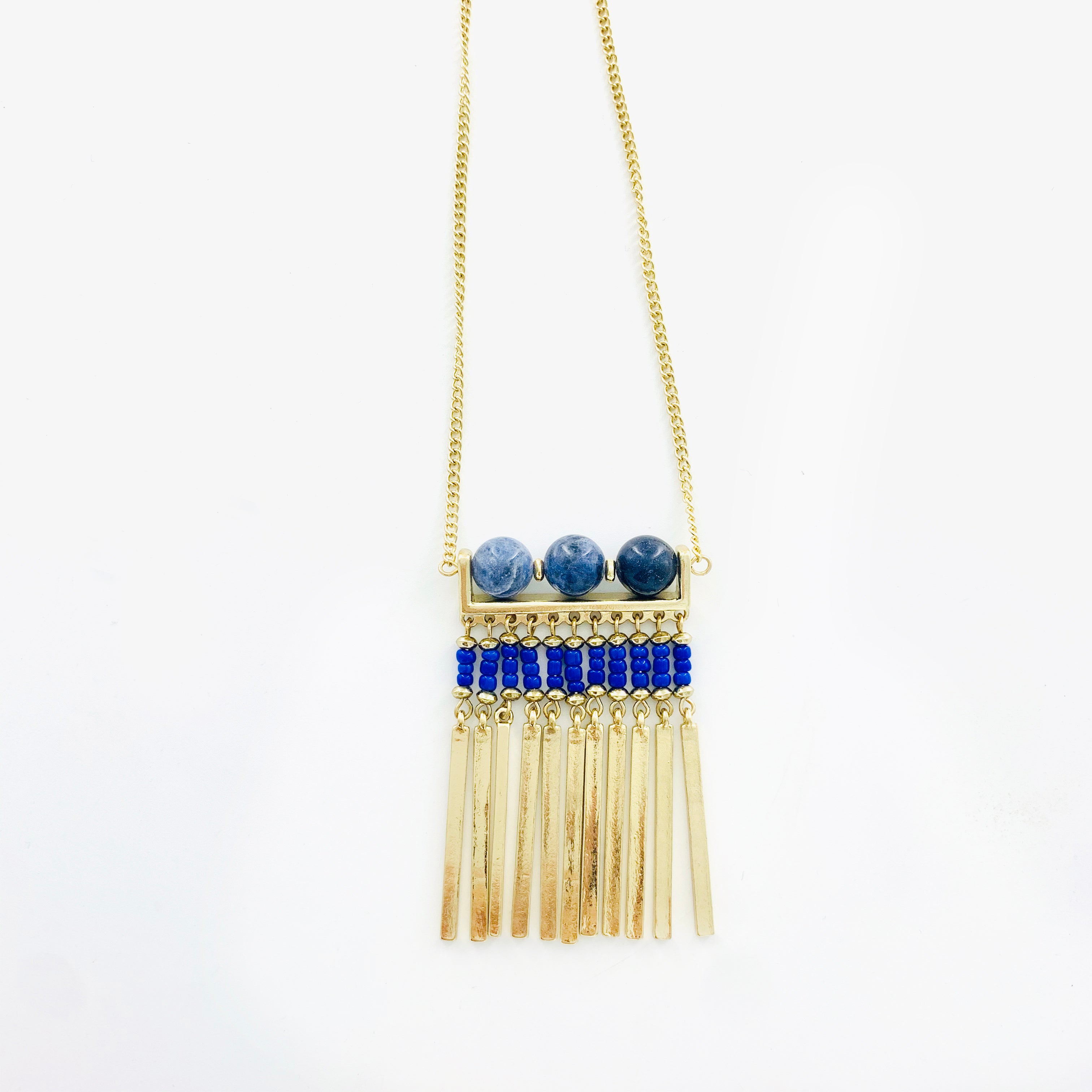 Necklace - Blue Bead and Gold Pendant on Gold Chain