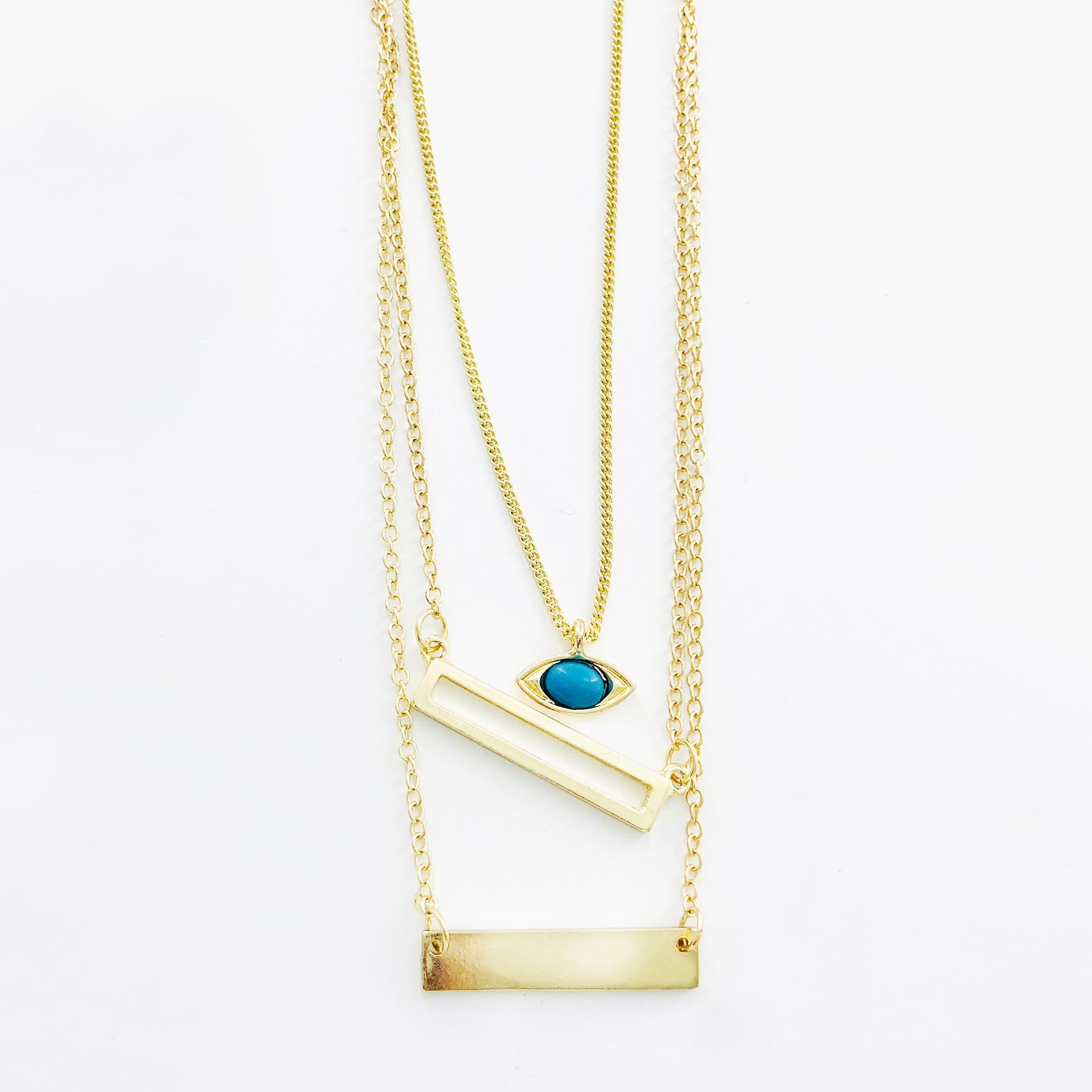 Necklace - Blue Turquoise Eye Pendant on Triple Gold Chain