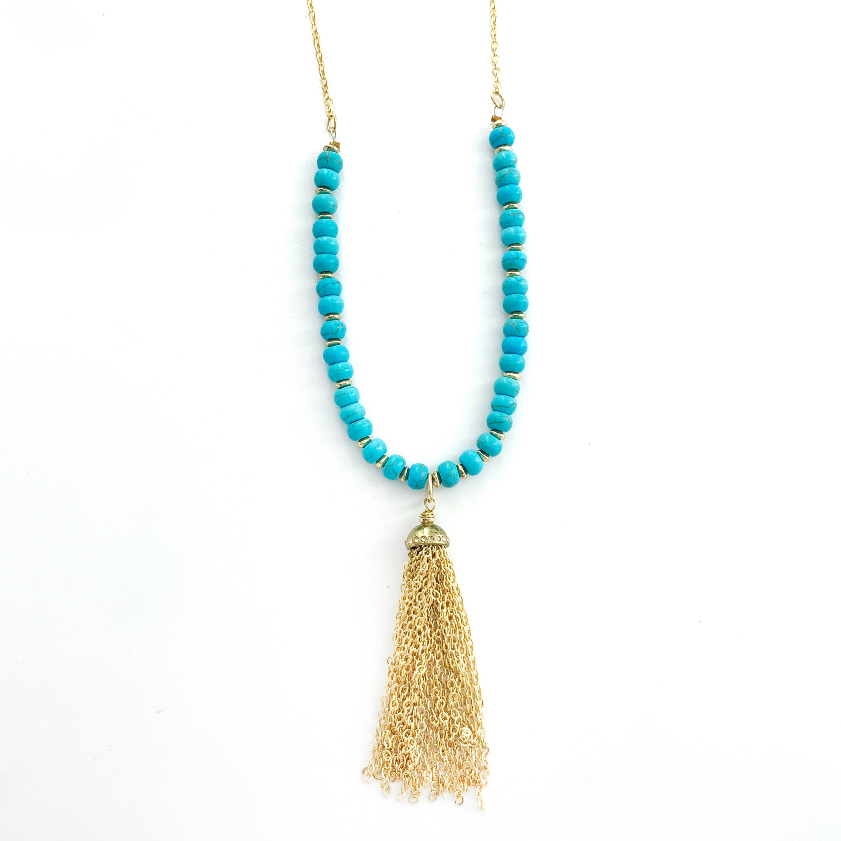 Turquoise Beads and Gold Tassel on Gold Chain
