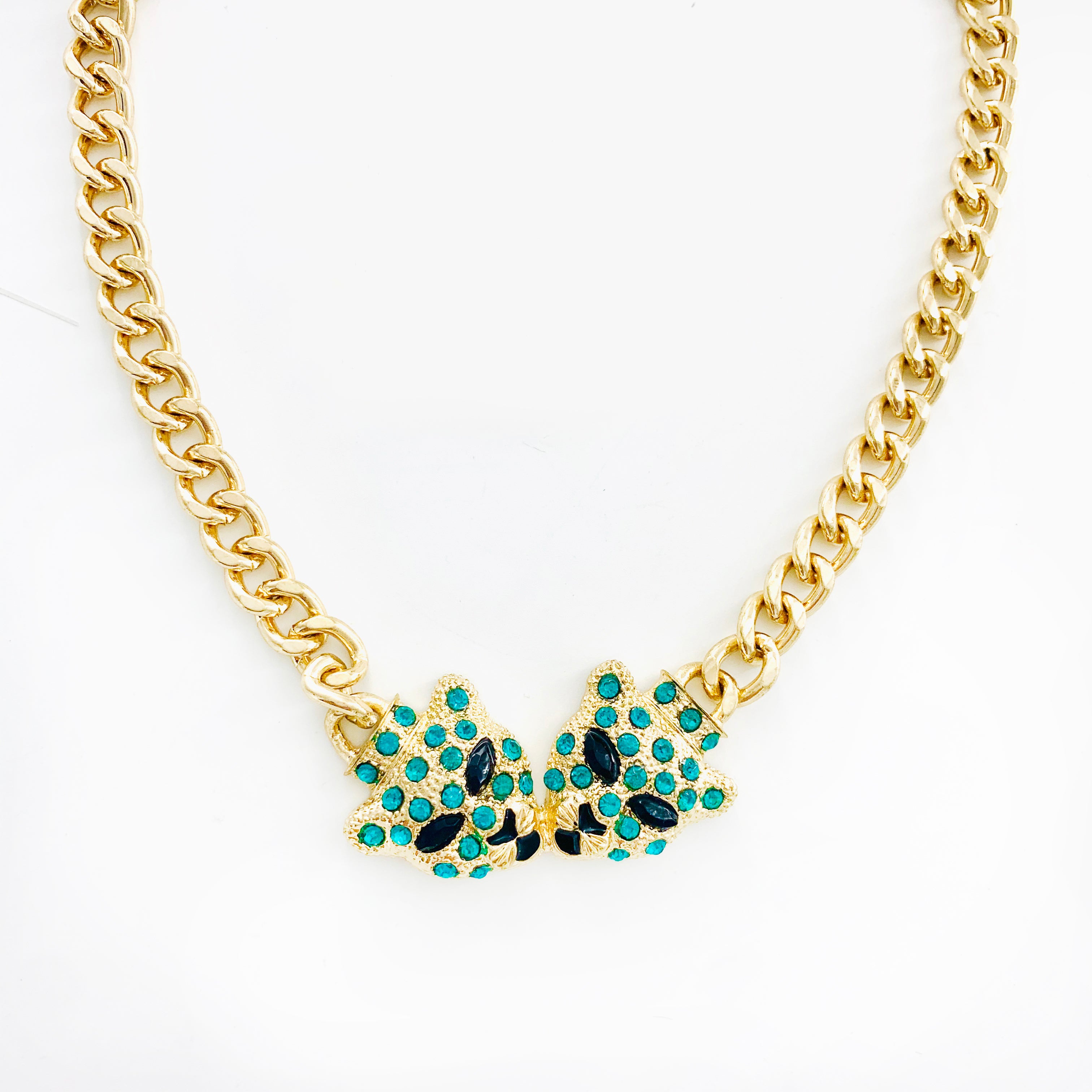 Green Crystal-studded Panther on Short Gold Chain