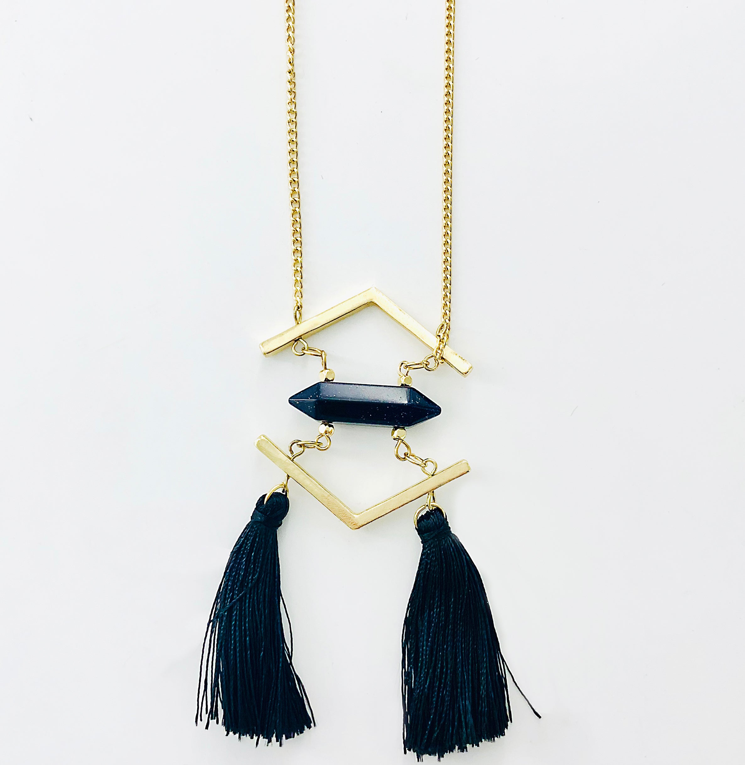 Black Stone with Tassels Pendant on Gold Chain