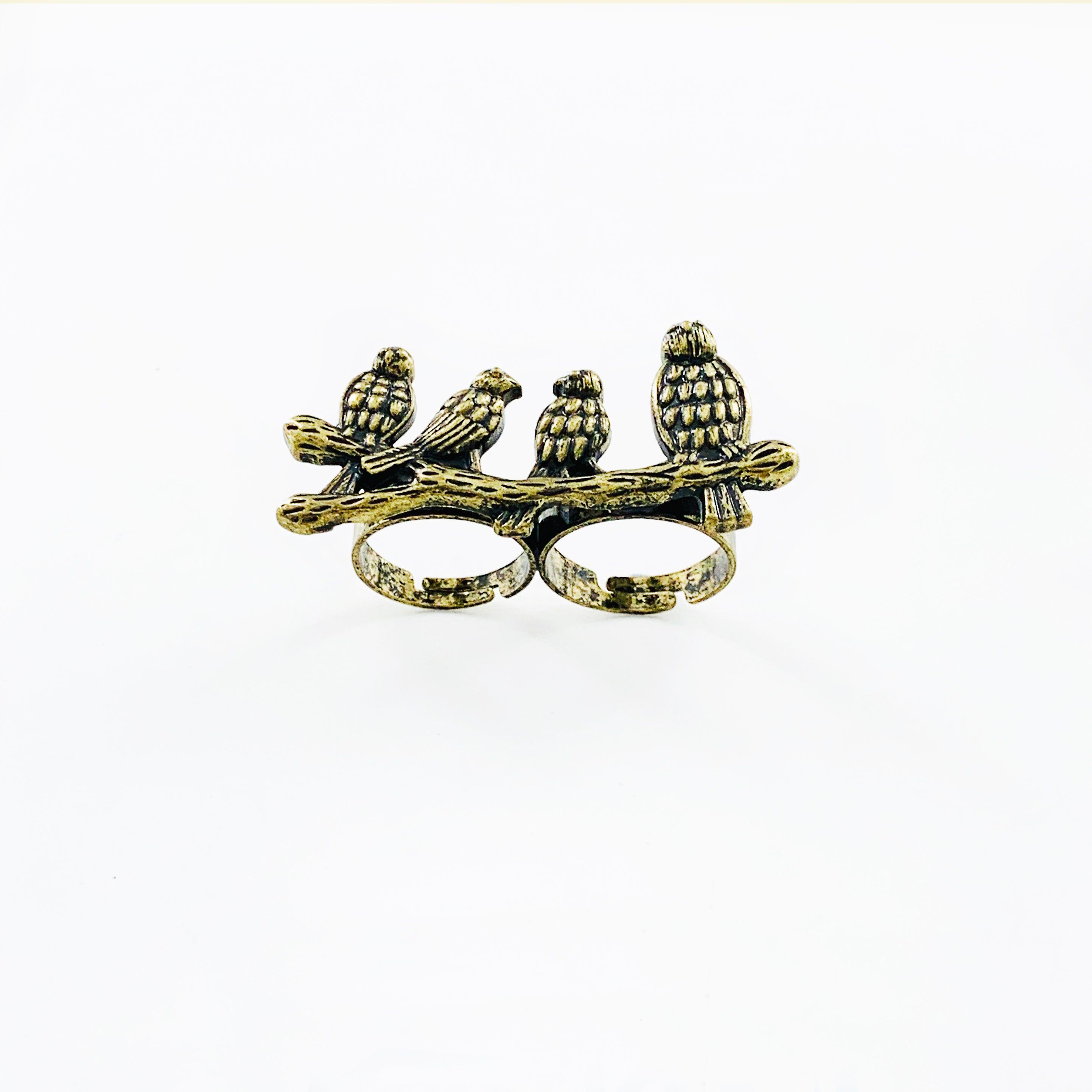 Birds on a branch ring with rustic gold finish