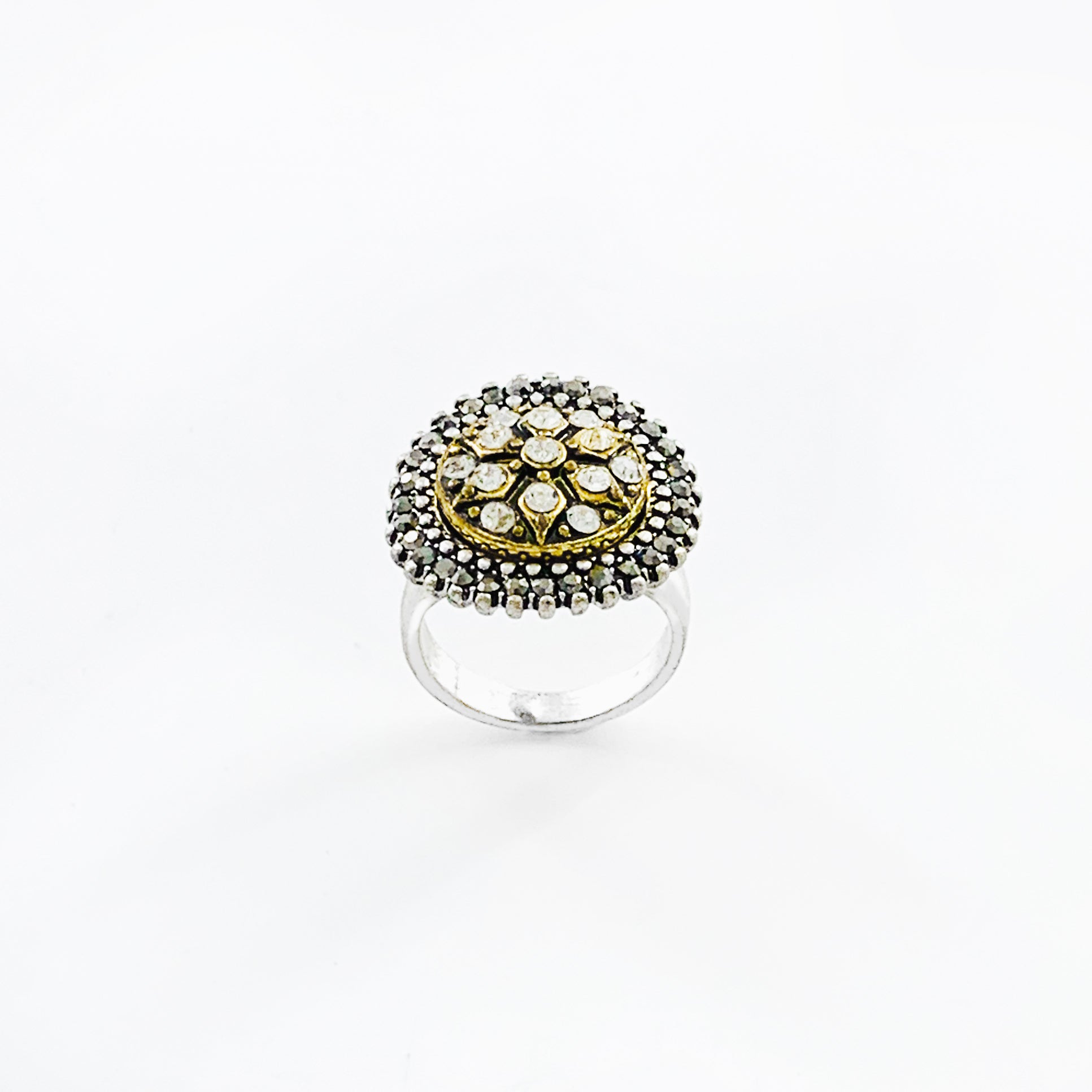 Silver ring with diamante studs in gold and grey
