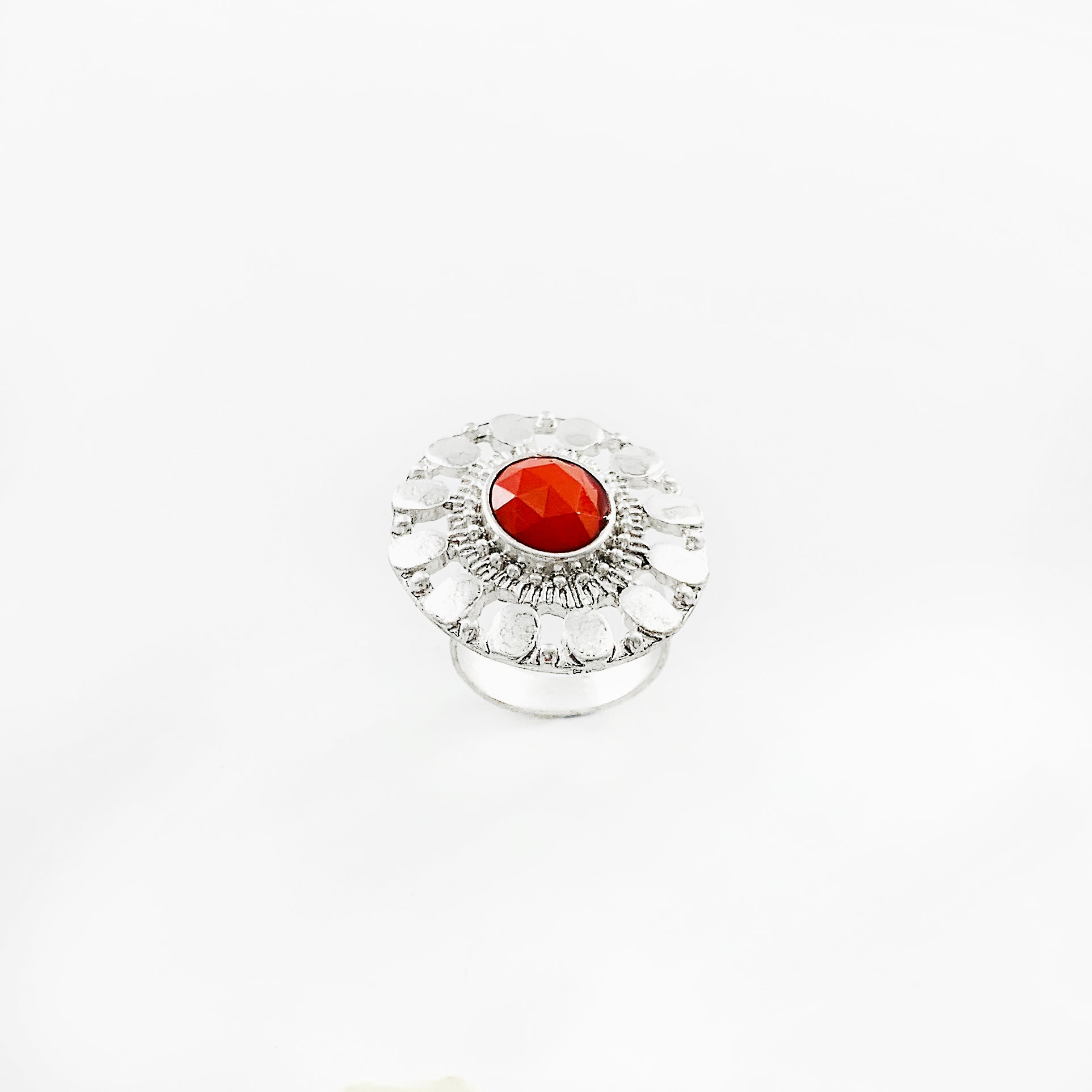 Art deco inspired silver ring with red stone