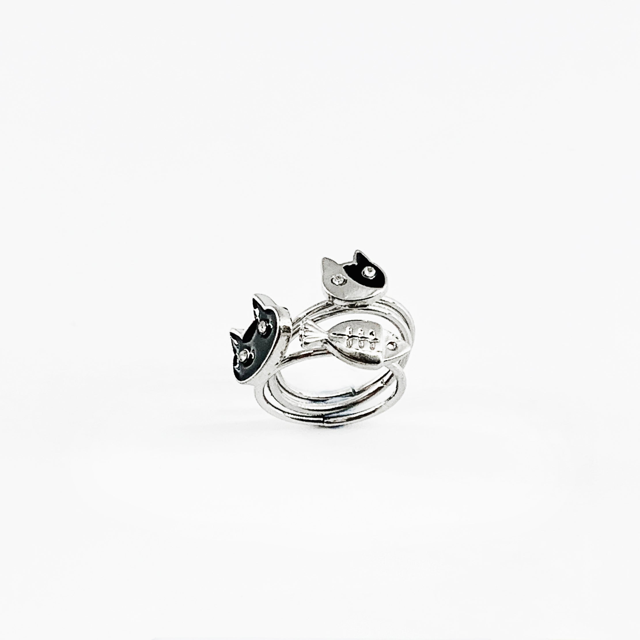 Cats and fish silver pinky rings